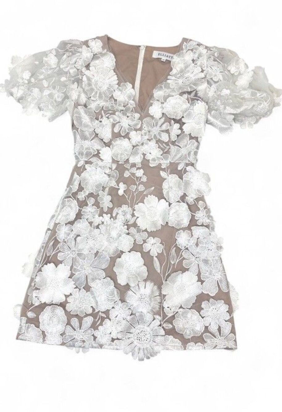 Elliatt Zayla Floral Applique Cocktail Mini Dress XS White Nude 3D Lace Romantic - Picture 6 of 12